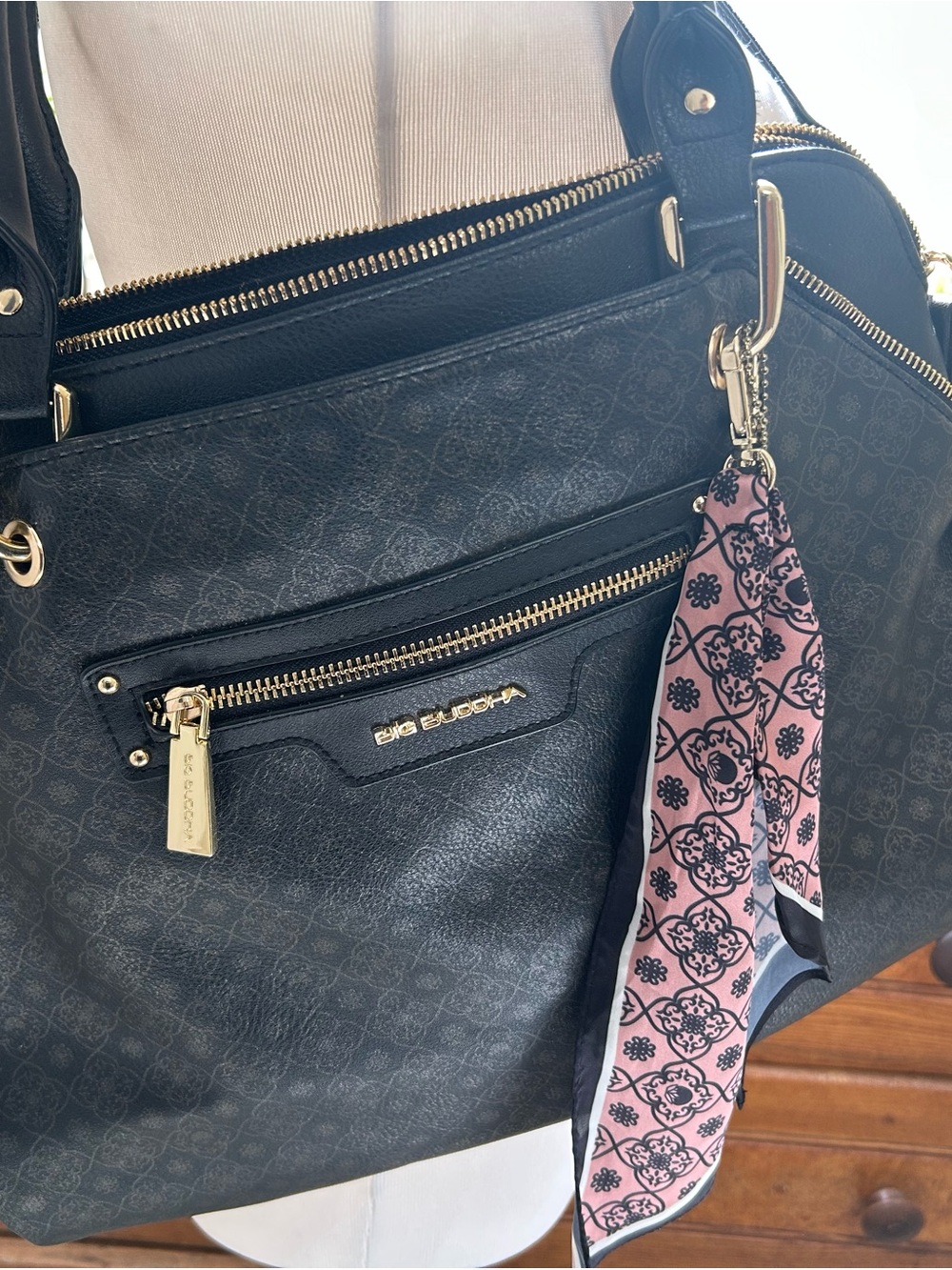 Big Buddha Black Shoulder Bag with Pink Scarf Accent - Picture 9 of 10